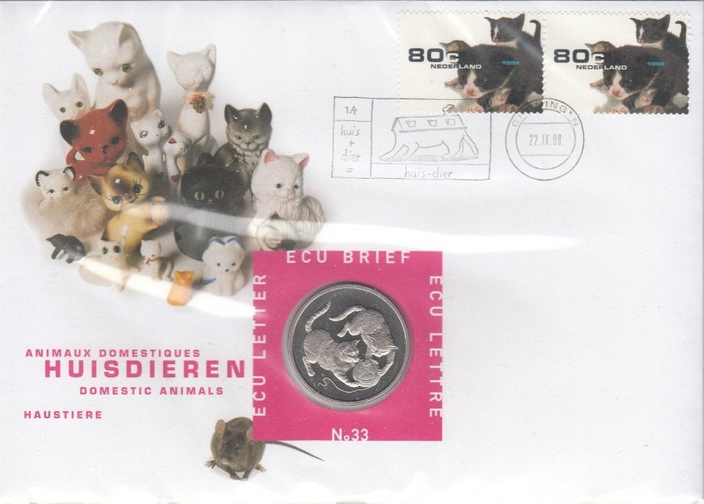 Nederland ECU brief No. 33 Huisdieren 1998 + mooie penning, Ophalen of Verzenden, Overige materialen, Nederland