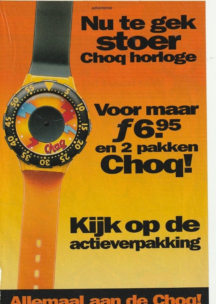 retro reclame 1995 Friesche Vlag Choq horloge frisdrank, Verzenden, Overige typen
