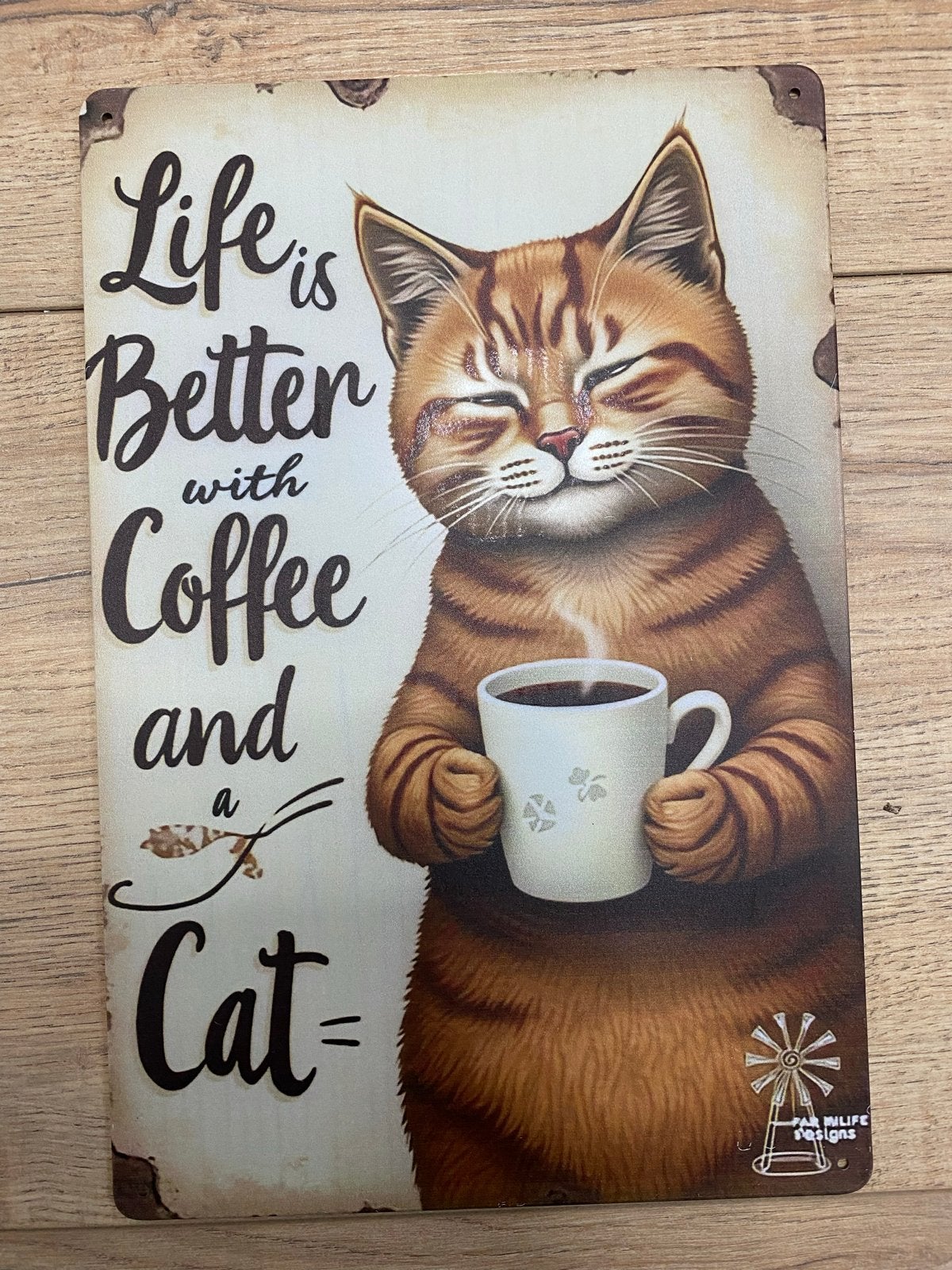 Metalen wandbord: 'Life is Better with Coffee and a Cat', Vintage, Meerkleurig, Verzenden, Nieuw