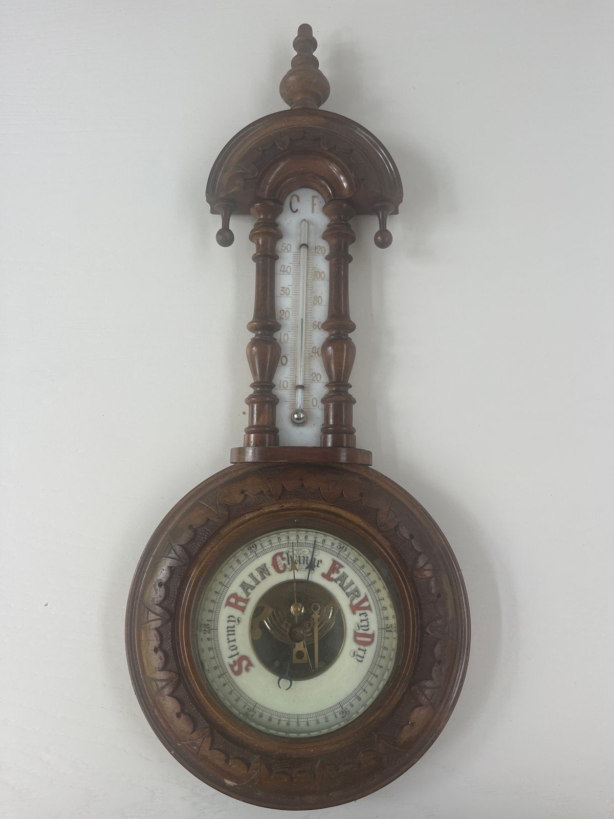 Antieke Barometer en Thermometer - Houtsnijwerk, Ophalen of Verzenden, Gebruikt, Weerstation