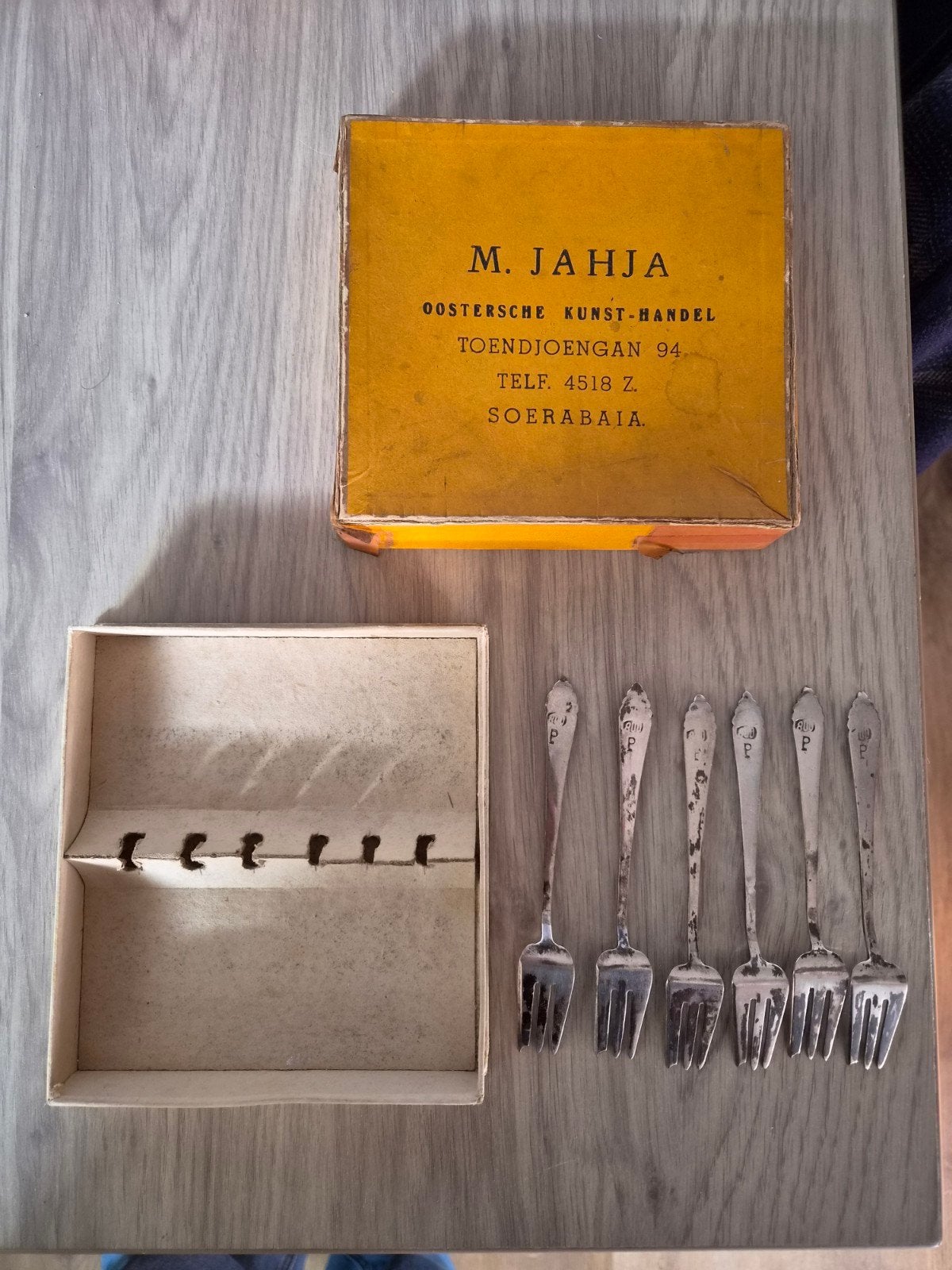 set van 6 djokja zilveren gebaksvorkjes met origineel doosje, Ophalen of Verzenden, Zilver