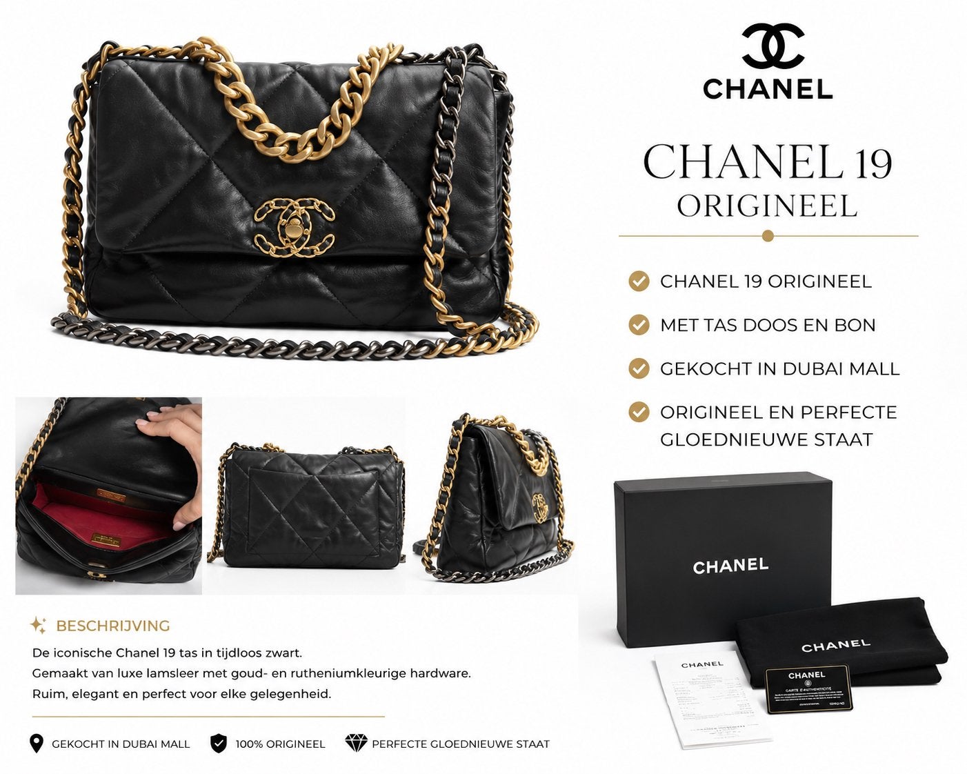 CHANEL 19 ORIGINEEL MET BOX EN BON, Ophalen of Verzenden, Zo goed als nieuw, Zwart, Schoudertasje