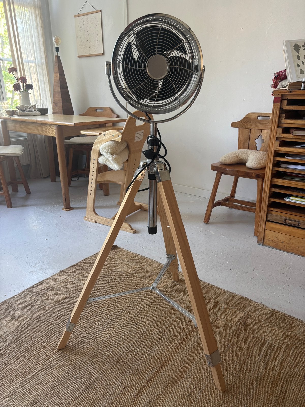 Stijlvolle Statiefventilator - Chroom & Hout, Ophalen, Gebruikt, Statiefventilator