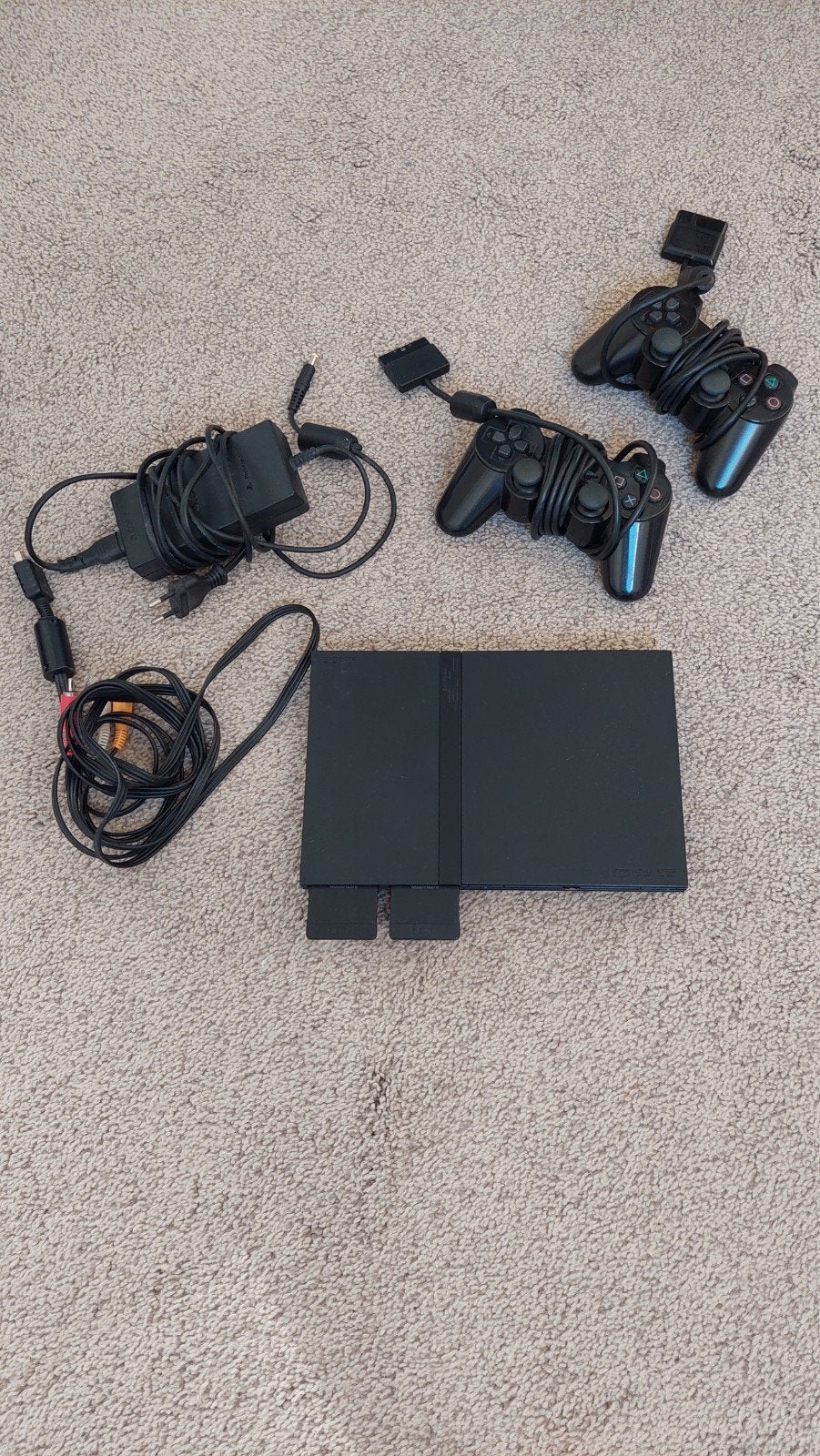 PlayStation 2 Slim met 2 controllers en geheugenkaarten, Gebruikt, Zwart, Met 2 controllers, Ophalen of Verzenden