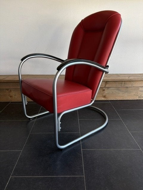 Gispen AA fauteuil, zijdemat frame, rood leder, Gebruikt, Design, 75 tot 100 cm, Leer