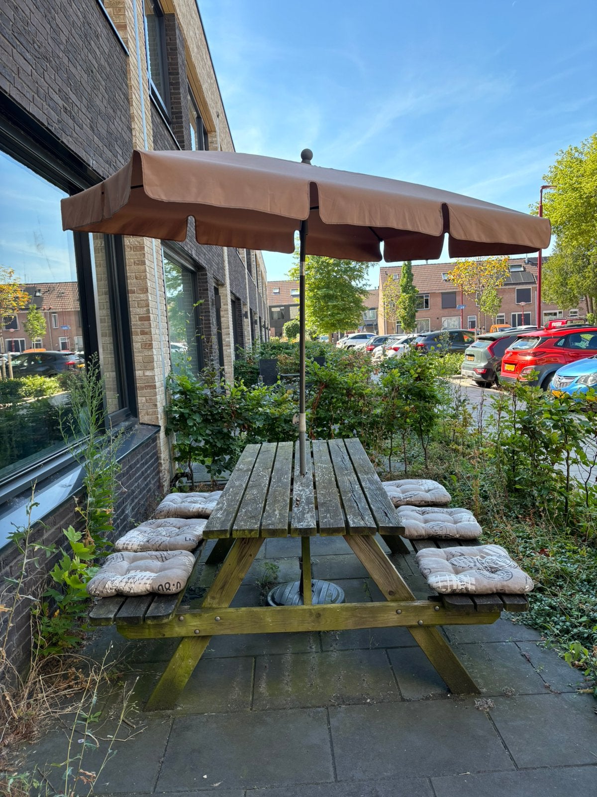 Picknicktafel + parasol en kussens, Ophalen, Gebruikt, Rechthoekig, Hout