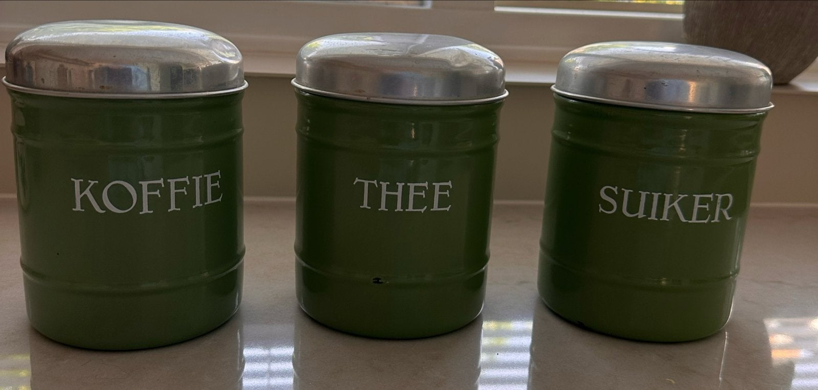 Oude Groene Emaille Voorraadbussen: Koffie, Thee, Suiker, Ophalen of Verzenden