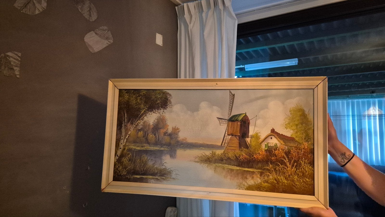 Schilderij Hollandse Molen aan Water, Ophalen, Ingelijst, Doek, Realistisch