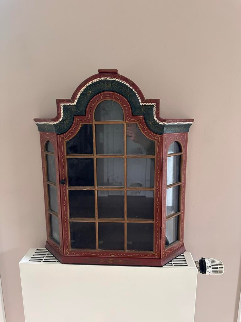 Vintage handbeschilderd wandkastje, hoekkastje, Antiek en Kunst, Ophalen