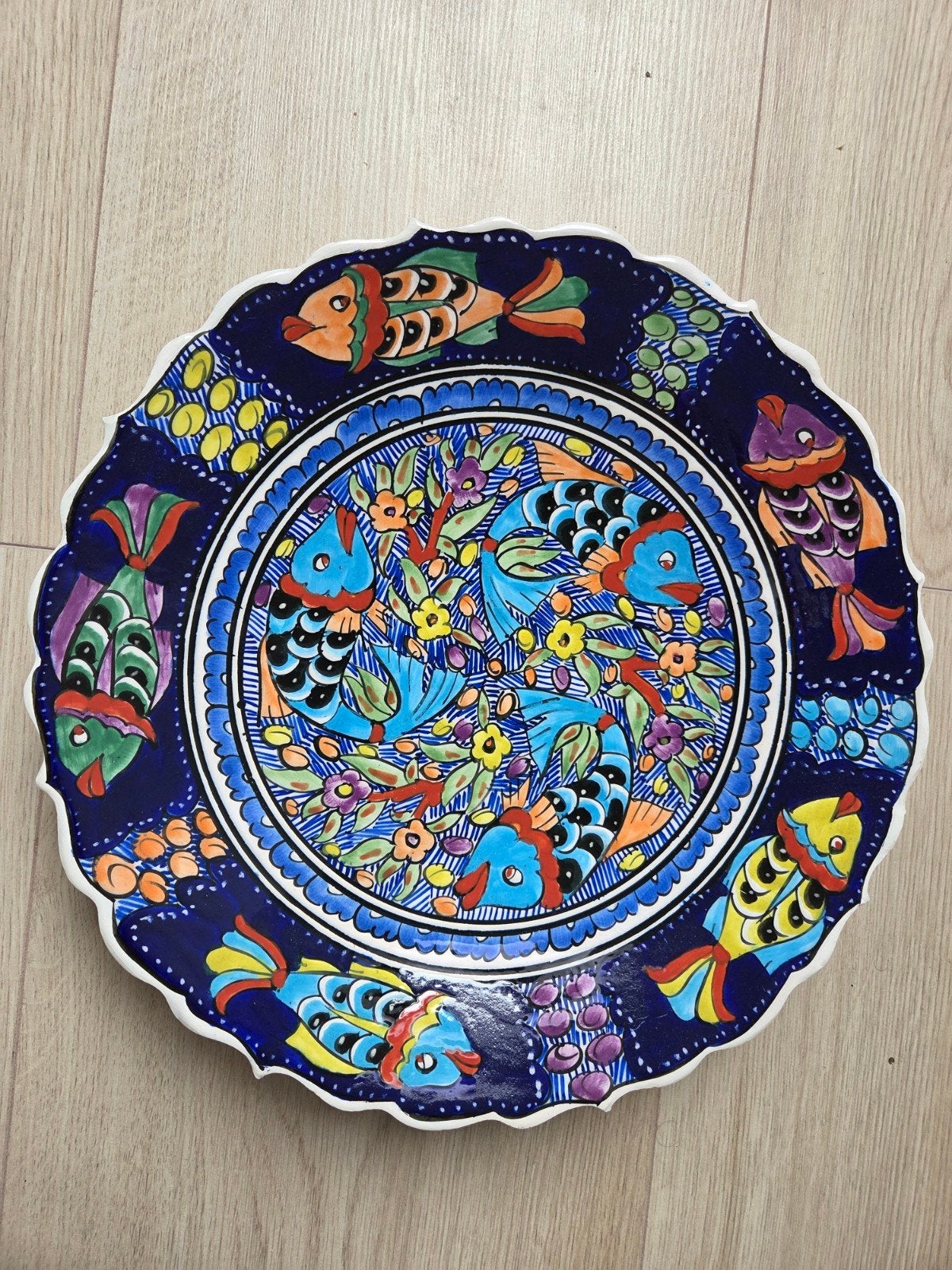 Handgemaakt Turks decoratief bord met vissenmotief, Antiek en Kunst, Ophalen of Verzenden
