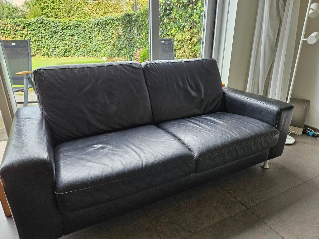 Twee zwart lederen Montel  banken, Ophalen, Gebruikt, 150 tot 200 cm, Tweepersoons