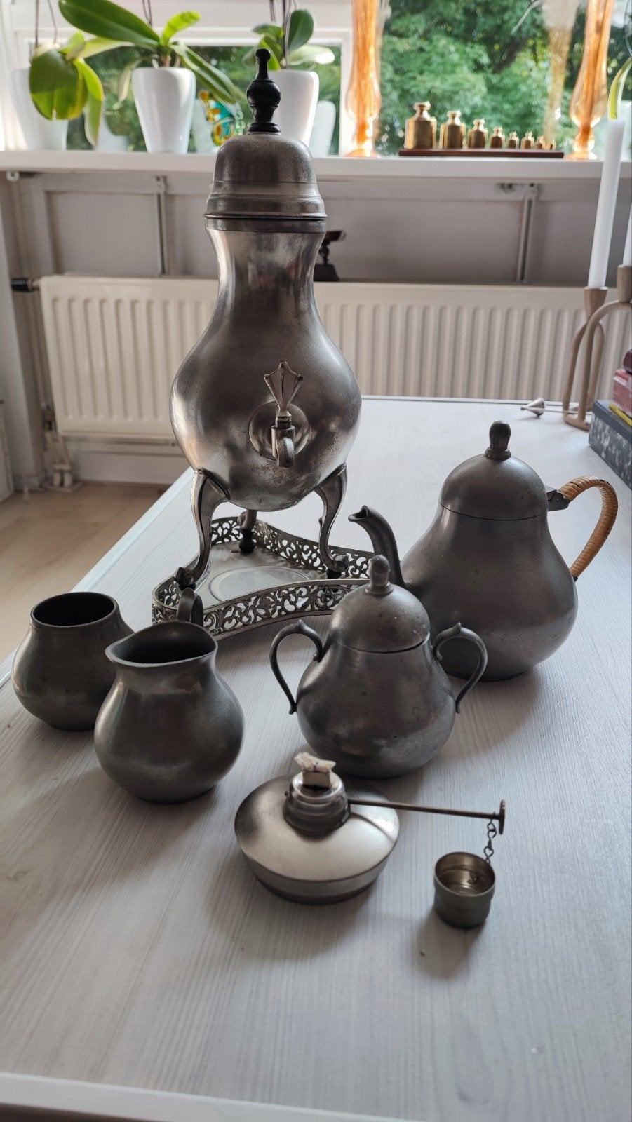 Antiek tinnen theeservies met samovar en accessoires, Ophalen of Verzenden