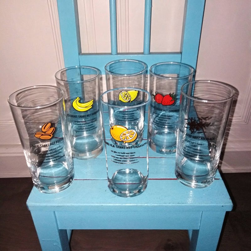 Leuke Shake glazen met recept 6 stuks 6 smaken, Ophalen, Glas of Glazen, Gebruikt, Glas