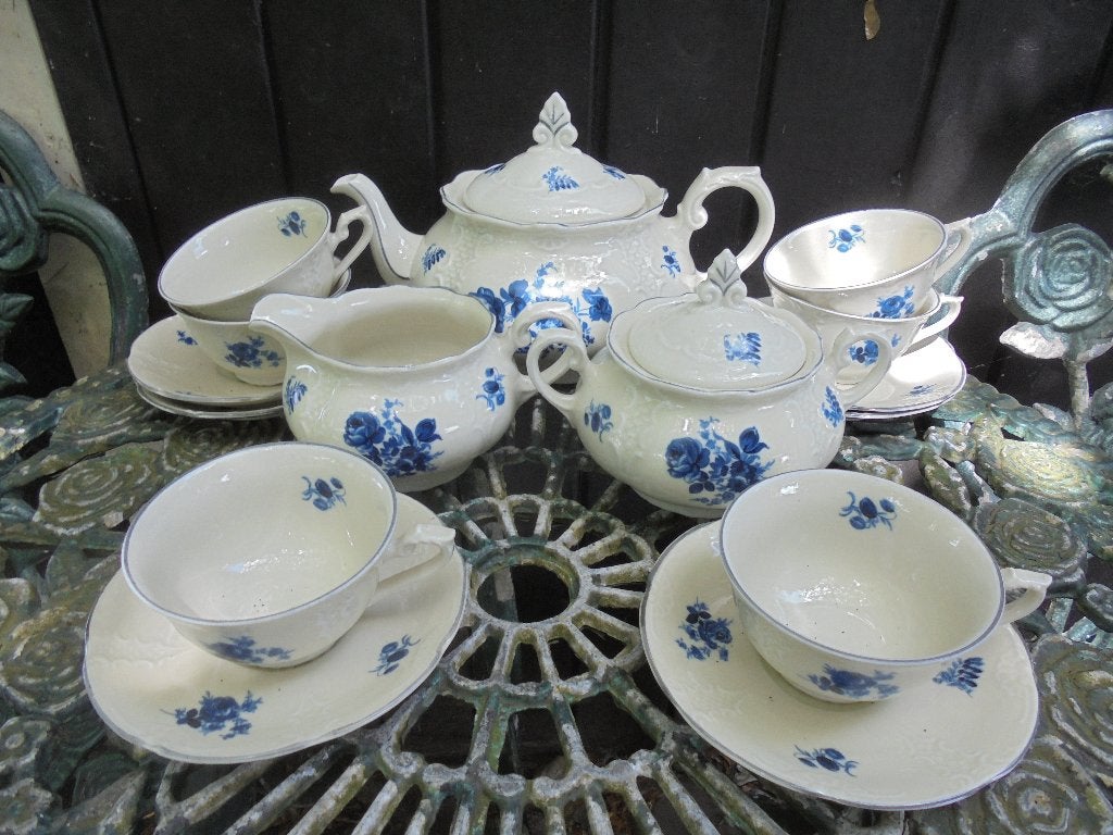 Theeservies MOSA groot blauw bloemboeket roos - blauw randje, Ophalen of Verzenden