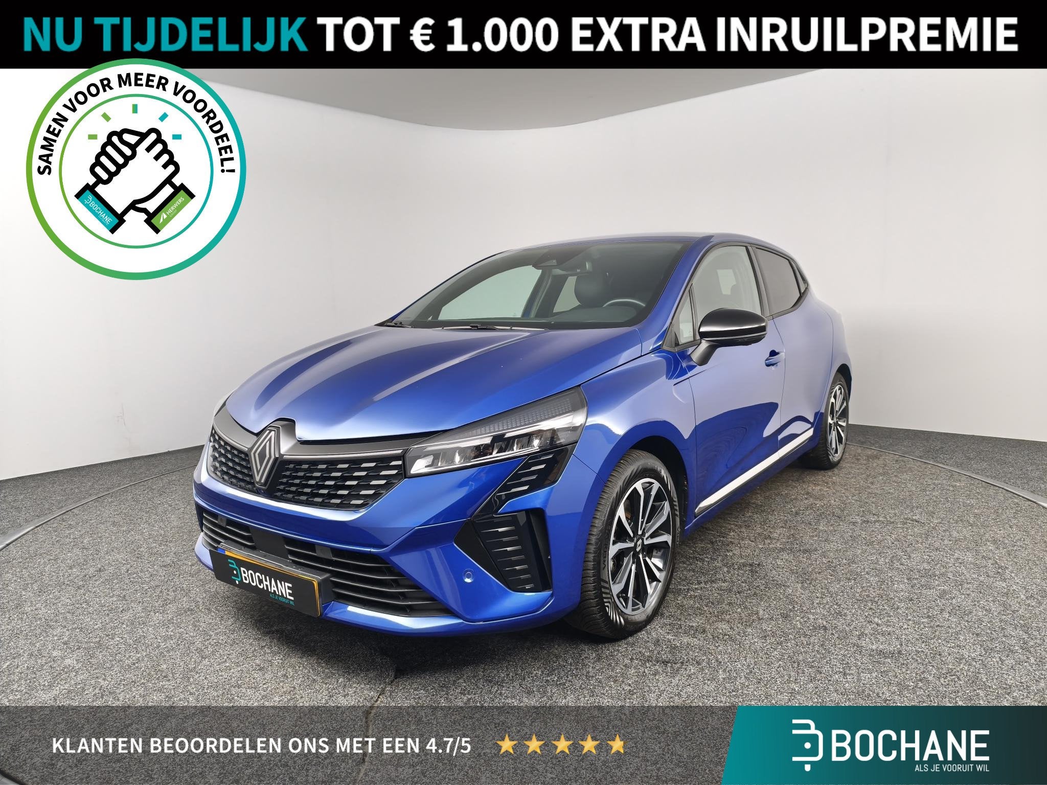 Renault Clio 1.6 E-Tech Full Hybrid 145 techno | 360° Camer, Gebruikt, Met garantie (alle), Blauw, Leder en Stof
