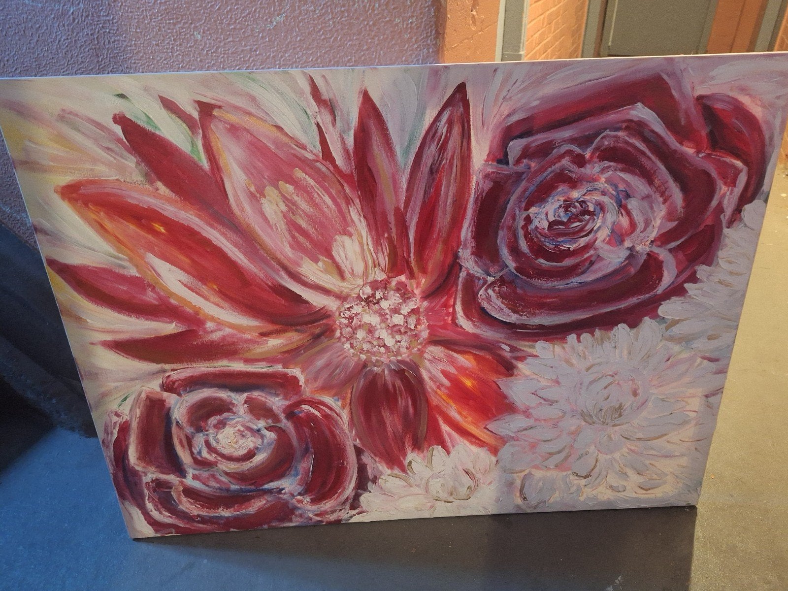 Schilderij met rode en witte bloemen, Doek, Realistisch, Olieverf, Origineel werk