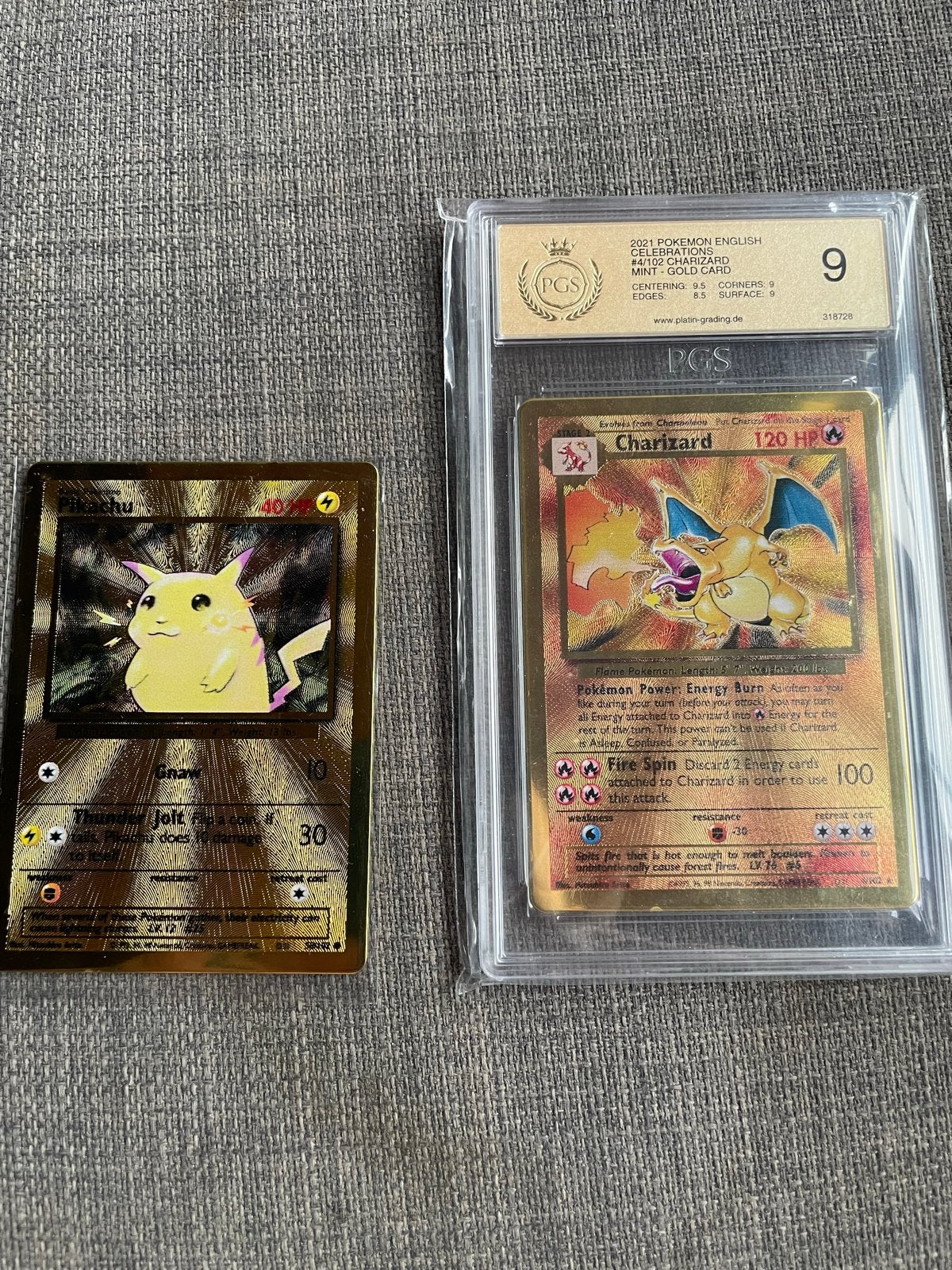 Pokémon Gold Metal Kaarten: Charizard (PGS 9) & Pikachu, Ophalen of Verzenden, Zo goed als nieuw, Meerdere kaarten, Foil
