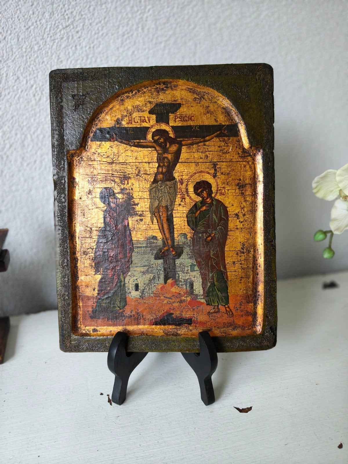 Antiek Grieks orthodox icoon, handgeschilderd op olijfhout, Antiek en Kunst, Antiek | Religie, Ophalen of Verzenden