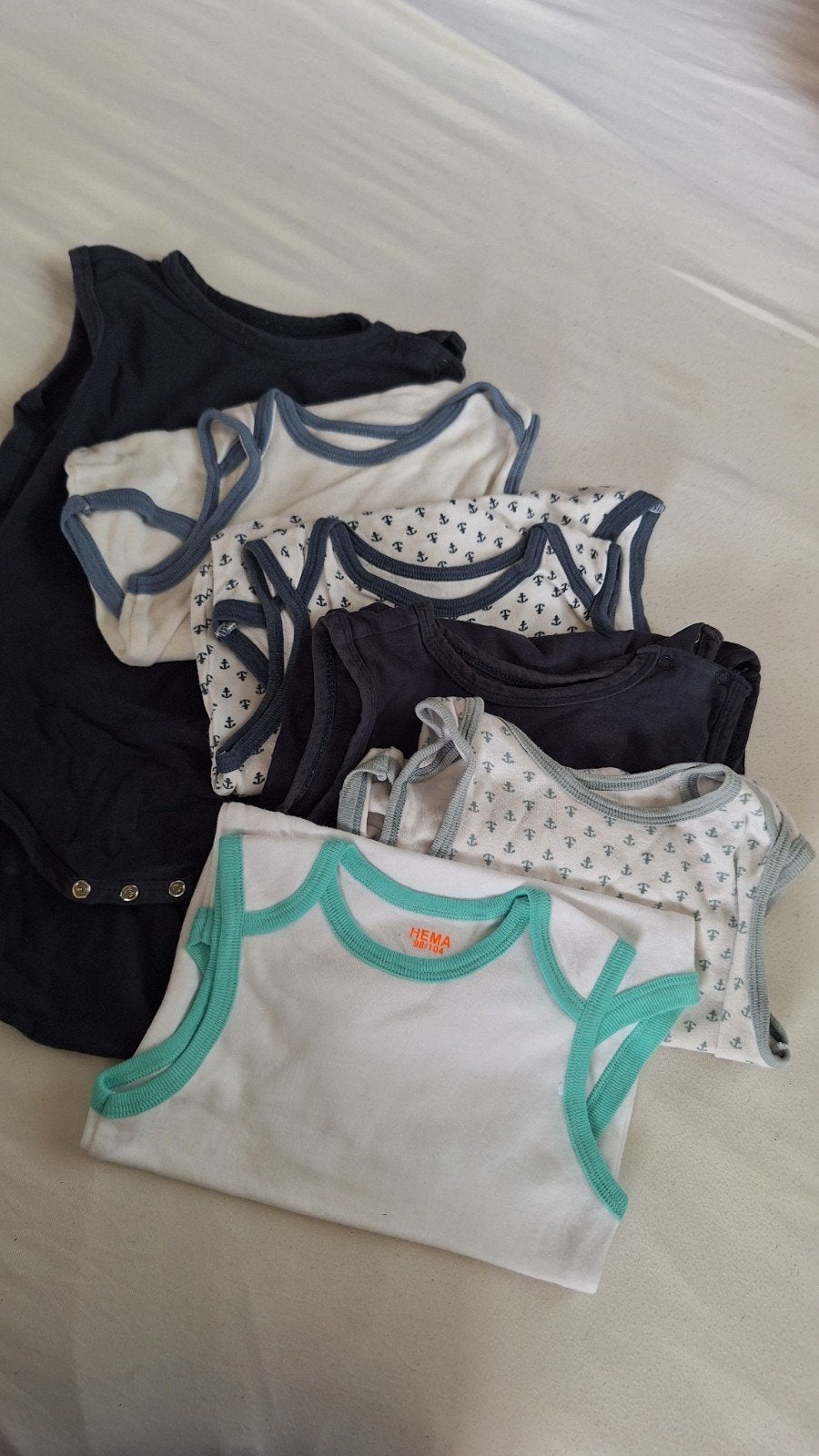 Hema mouwloze rompertjes, maat 98-104, 6 stuks, Ophalen of Verzenden, Gebruikt, Hema, Jongen