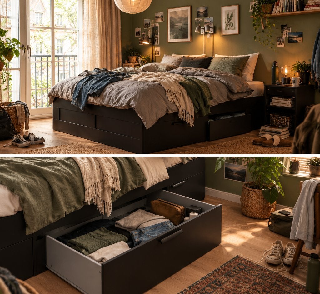 2 persoons bed inclusief lattenbodems en 4 laden, Overige materialen, Gebruikt, Zwart, Tweepersoons