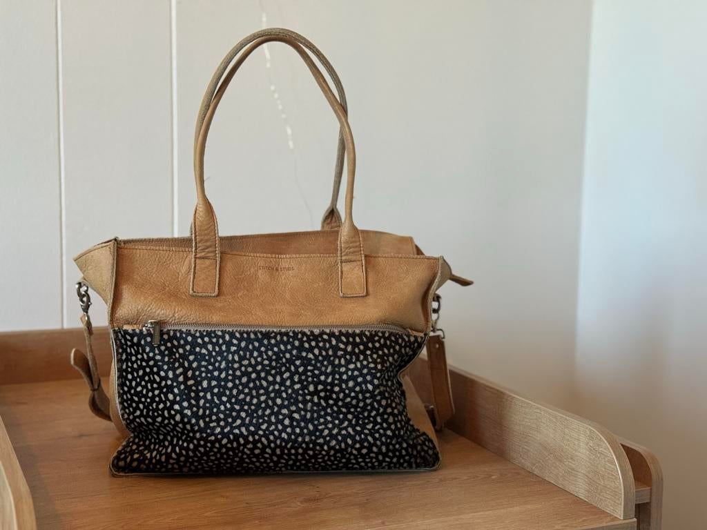 STITCH & STUDS Cognac Leren Tas met Panterprint, Ophalen of Verzenden, Zo goed als nieuw, Bruin, Handtas