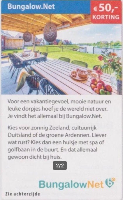 BungalowNet € 50.00 kortingscode, Tickets en Kaartjes, Drie personen of meer, Kortingsbon, Bungalowpark