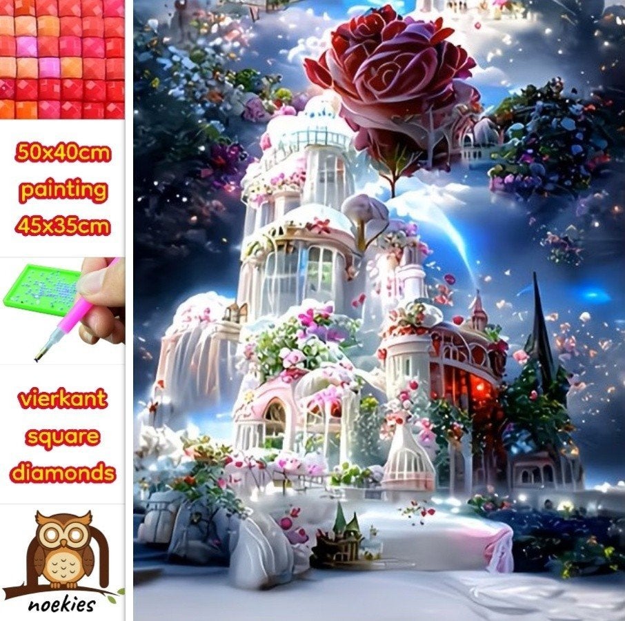 nr 52 Diamond Painting paleis rozen 50x40cm (vierkant), Fantasie, Nieuw, Meerkleurig, Ophalen of Verzenden