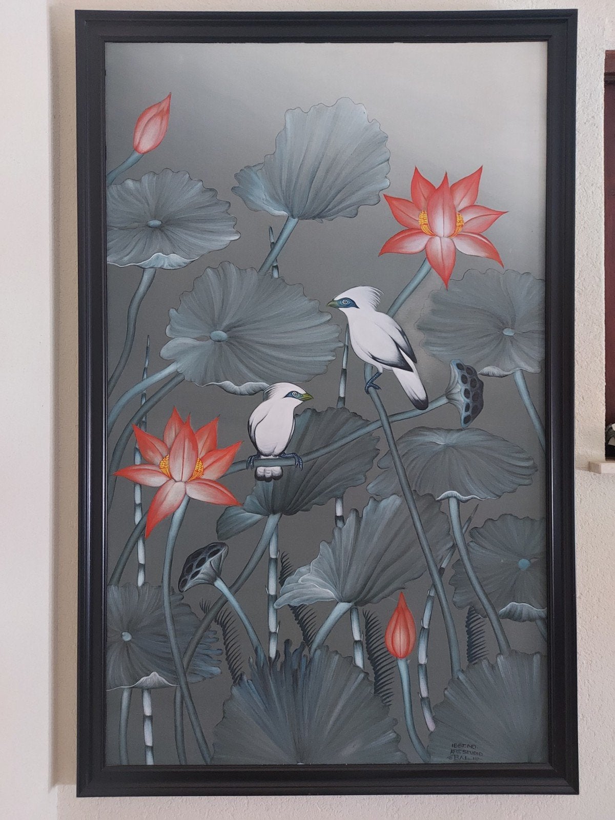 Schilderij met vogels en lotusbloemen, Bali, Antiek en Kunst, Ophalen, Indonesië, Schilderij, Textiel