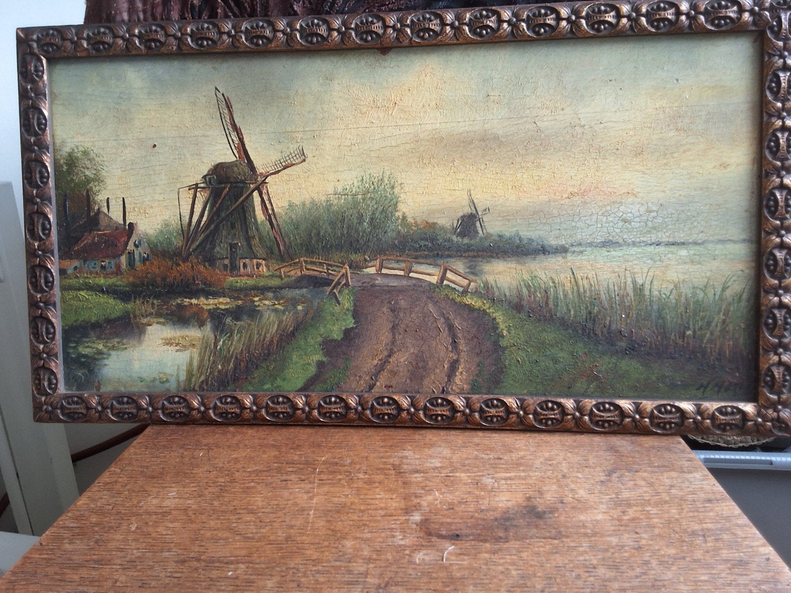 Orgineel houtpaneel antiek schilderij van H.J. Wijngaard, Ophalen of Verzenden