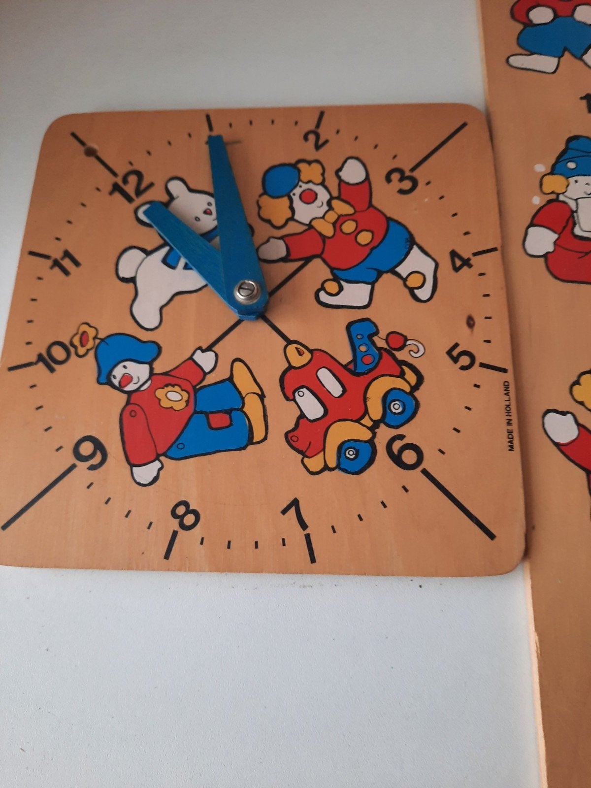 Vintage houten kinderklok en meetlat met clowns, Ophalen of Verzenden