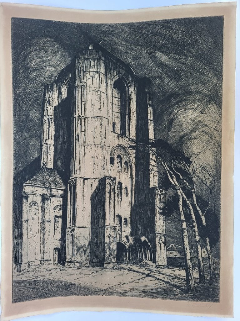 Lücker, Eugène - Kerktoren van Veere uit het noordwesten Ets, Origineel, Ets, Stadsgezicht, Ophalen of Verzenden
