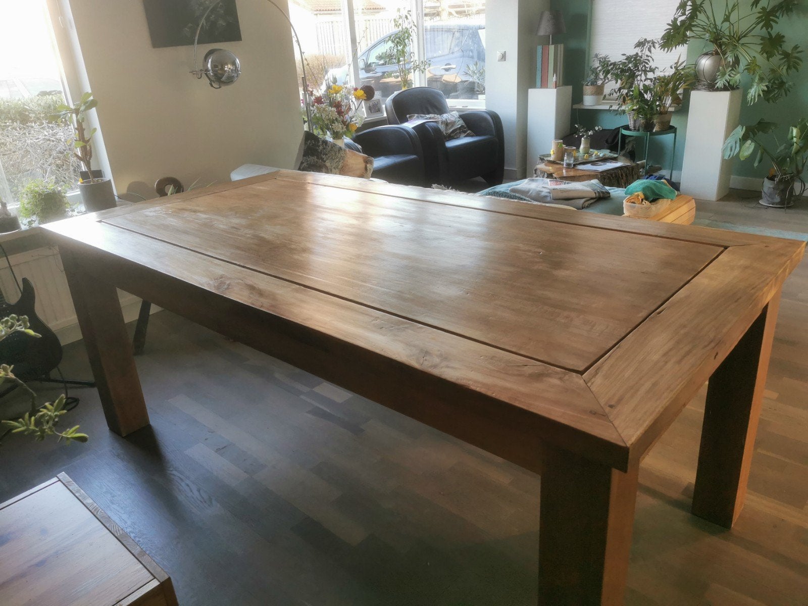 Robuuste, rustieke Teakhouten eettafel 2x1, Ophalen, Gebruikt, 100 tot 150 cm, Landelijk, Robuust