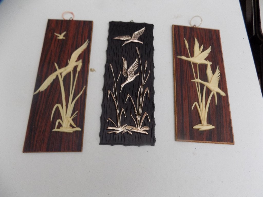 Vintage houten wandplaquettes vogels retro, Ophalen of Verzenden, Gebruikt