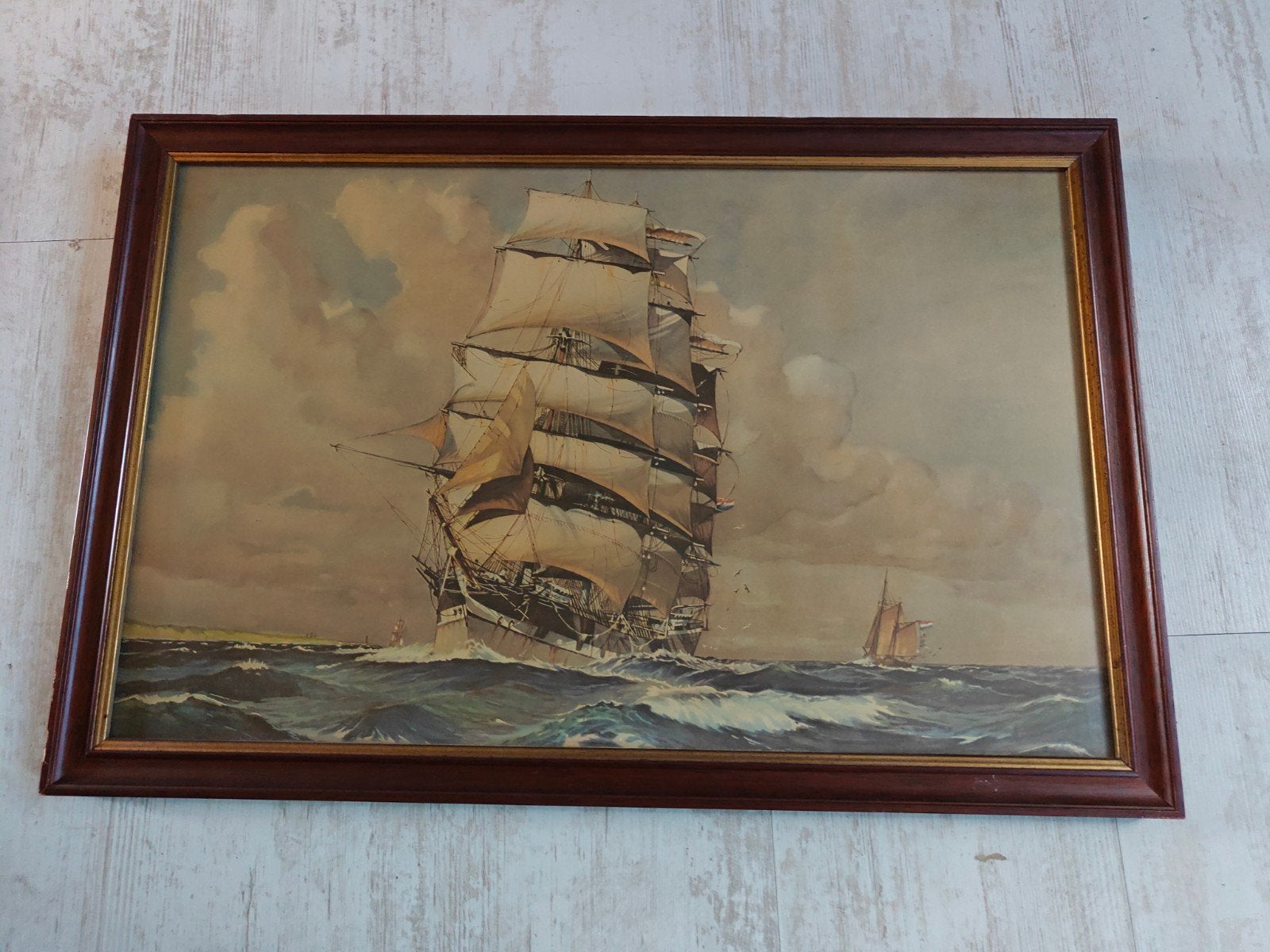 Prachtige oude PRENT !! Maritiem zeilschip 63x42 cm, Ophalen of Verzenden, Klassiek, Ingelijst, Maritiem / water