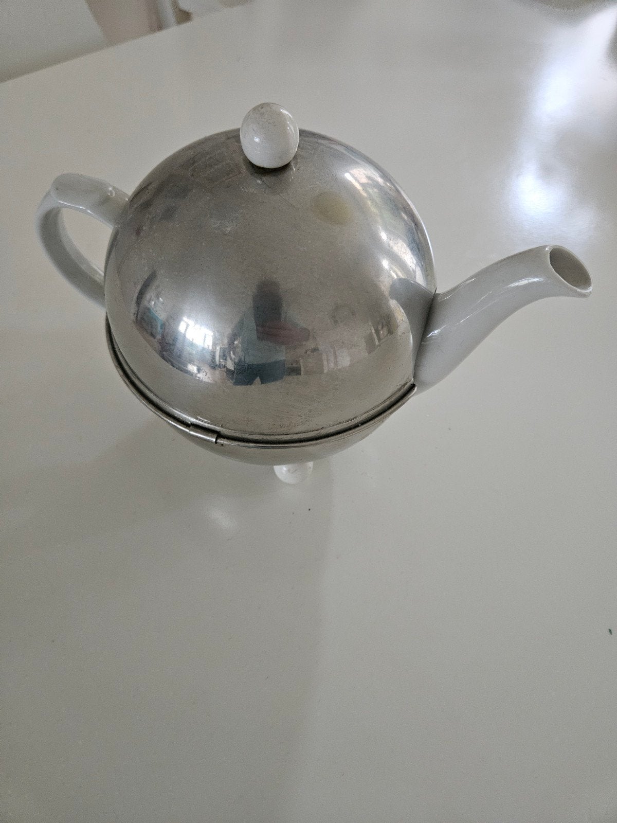 Theepot met warmhouder - Wit/Zilver, Theepot/fluitketel, Gebruikt, Bredemeijer, Ophalen of Verzenden