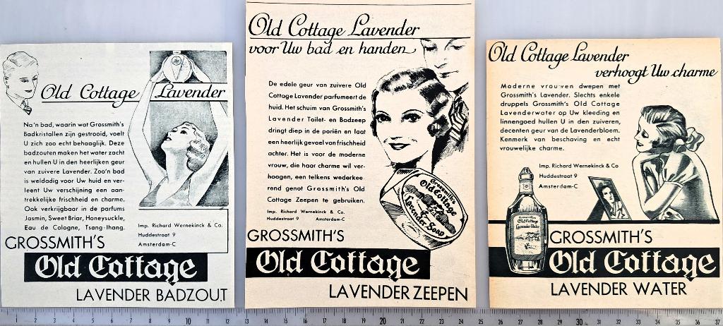 Amsterdam 1934; 3 advertenties Old Cottage-producten, Verzamelen, Verzenden, Voor 1940, Gebruikt, Overige onderwerpen