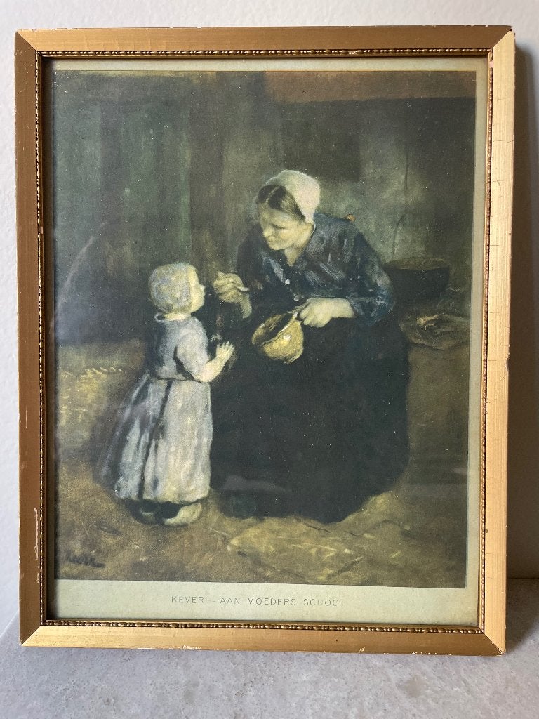 Vintage print 'Kever - Aan Moeders Schoot' in lijst, Antiek en Kunst, Portret of Personen, Realistisch, Ophalen of Verzenden, Print