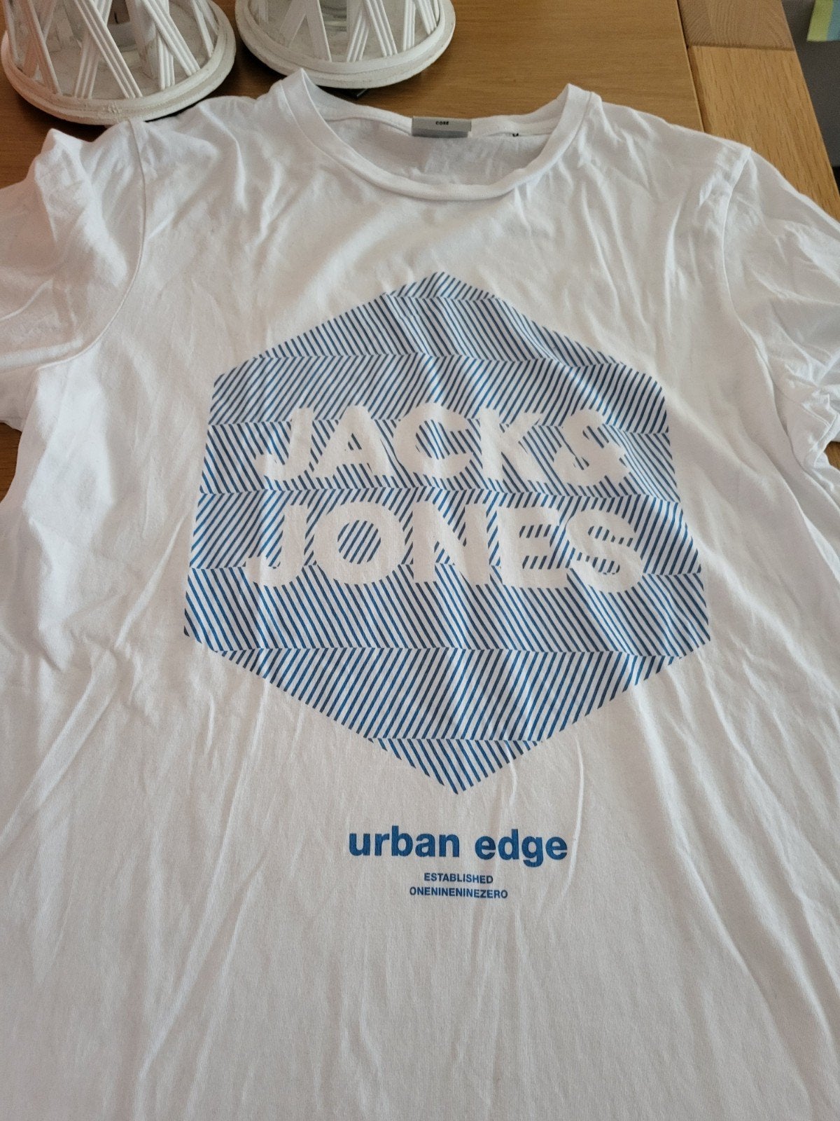 Jack & Jones T-shirt wit met blauw logo M, Maat 48/50 (M), Wit, Ophalen of Verzenden, Zo goed als nieuw