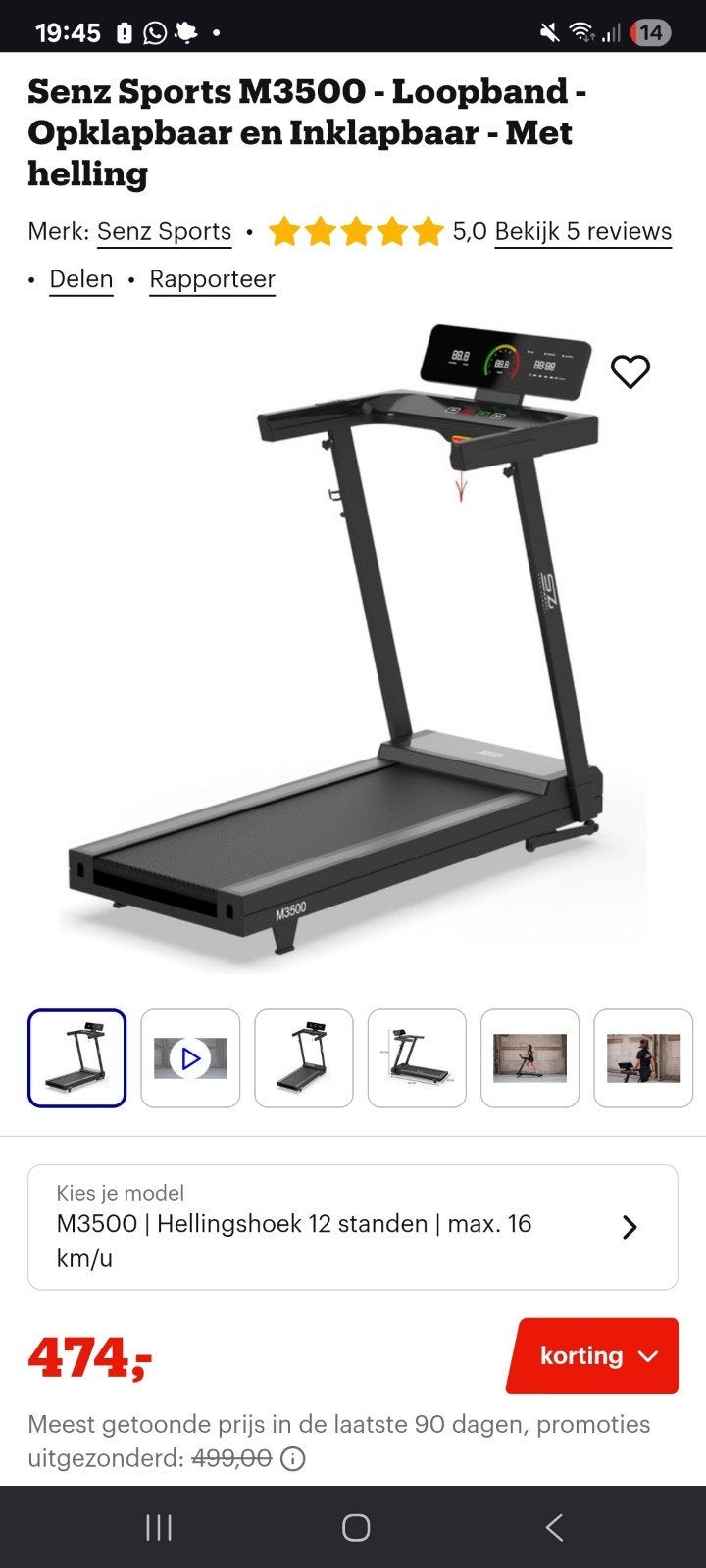 Senz Sports M3500 Loopband - Opklapbaar met Helling zgan, Ophalen, Zo goed als nieuw, Loopband