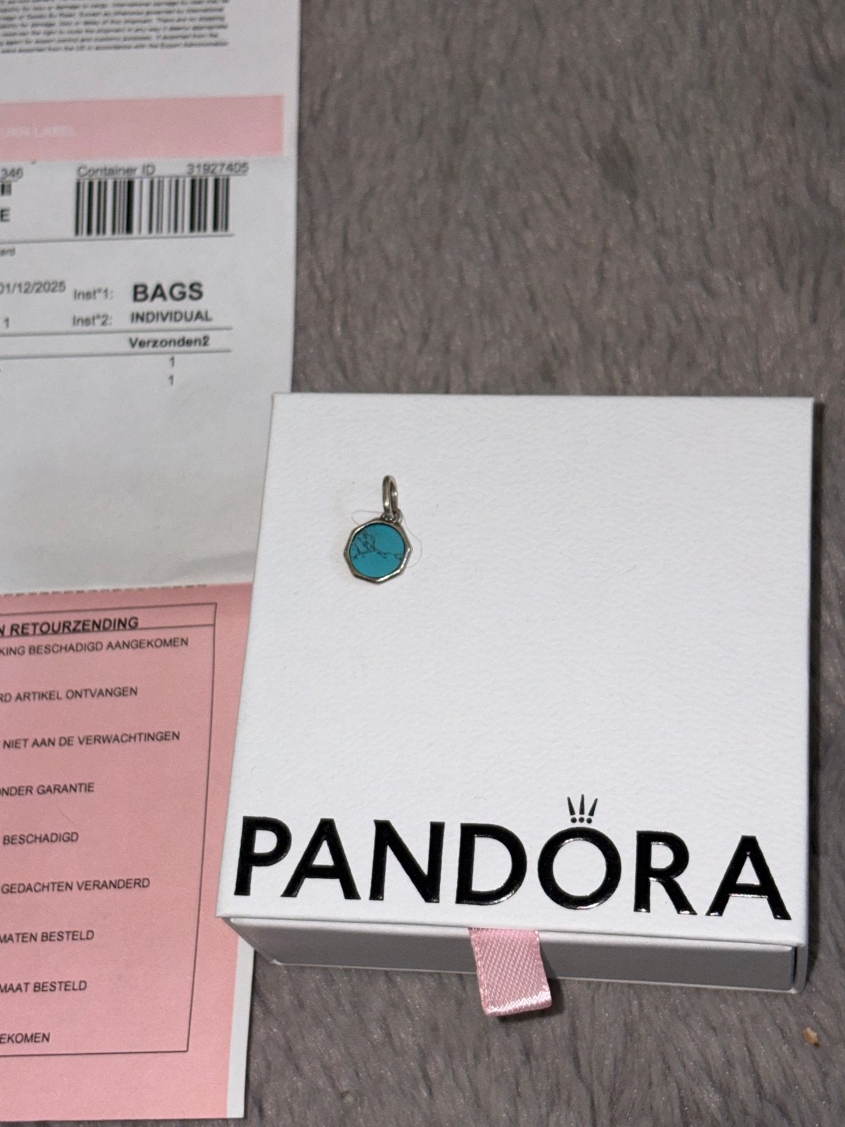 Pandora bedel met turkoois steen, Pandora, Zo goed als nieuw, 1 bedel, Edelsteen
