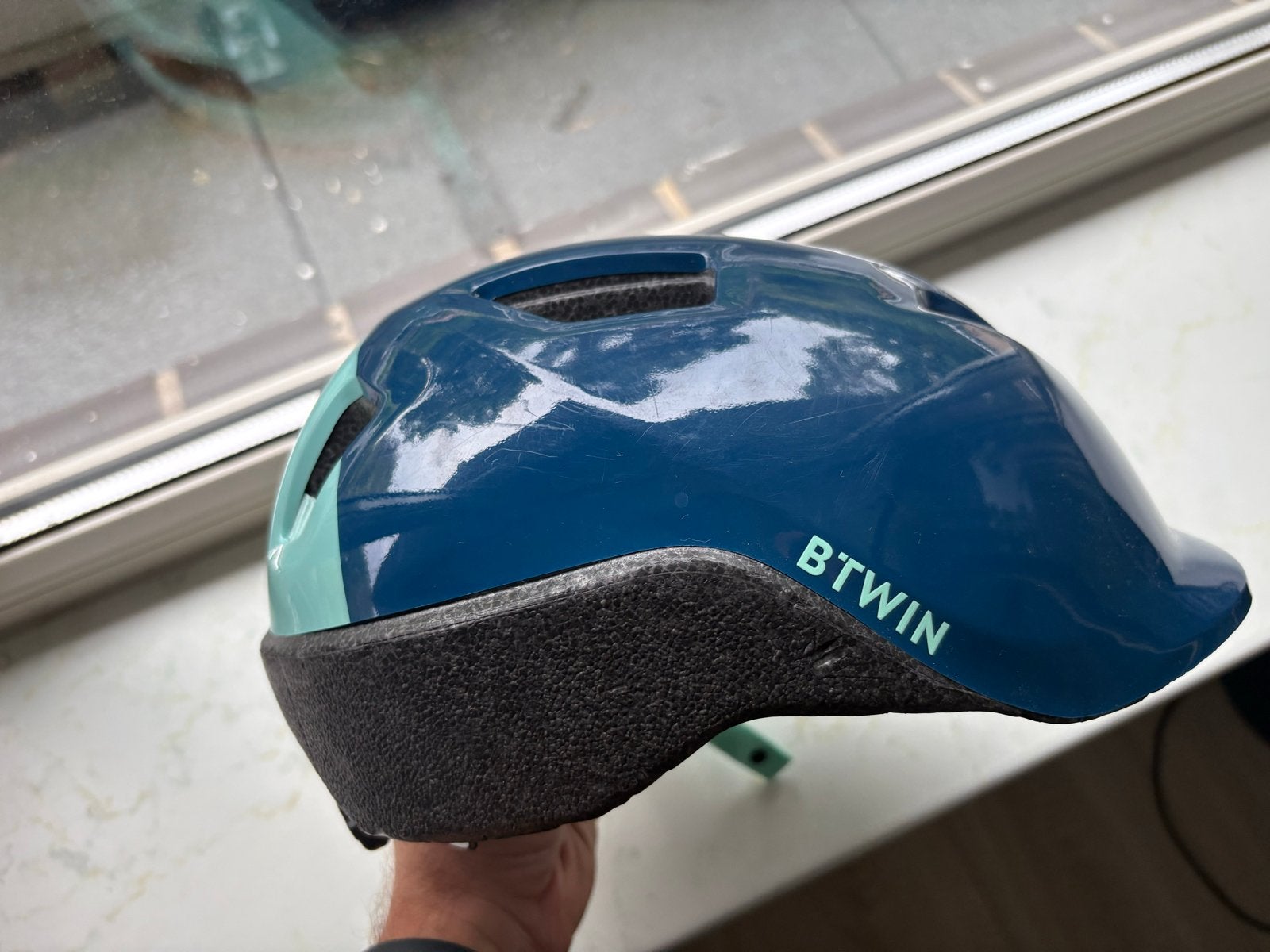 B'Twin Fietshelm Kinderen Maat S (53-56cm) Blauw/Mint, Ophalen, Zo goed als nieuw, S, Jongen of Meisje