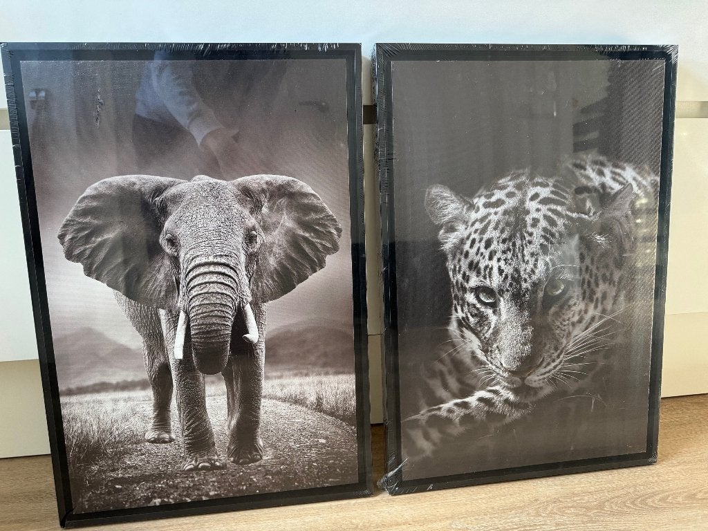 2 luik schilderij - Olifant en luipaard, 50 – 75, Minder dan 50 cm, Nieuw, Ophalen of Verzenden