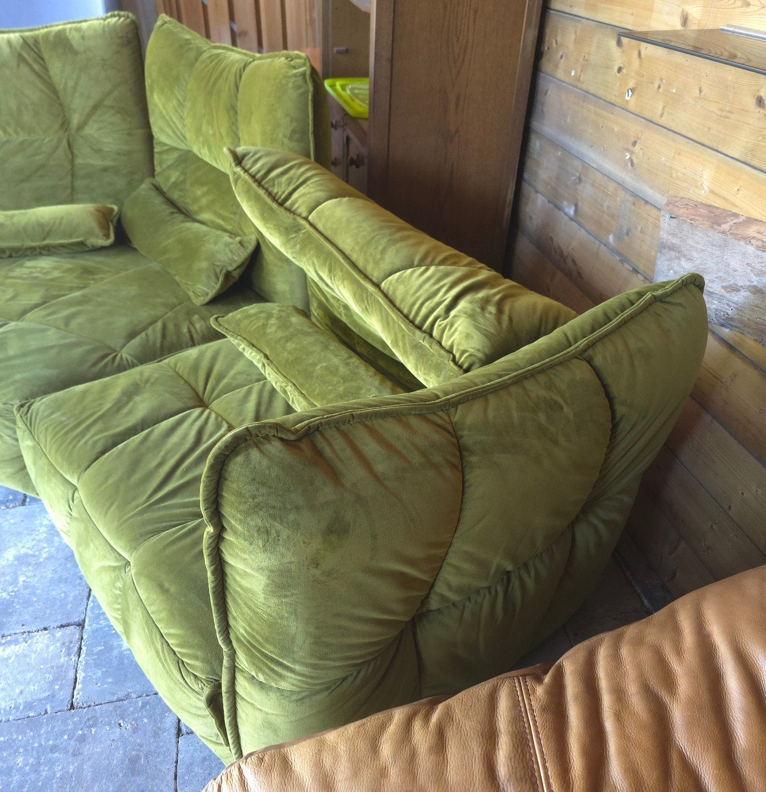 Vintage modulaire bank in olijfgroen velours, Huis en Inrichting, Ophalen, Gebruikt, 100 tot 125 cm, 300 cm of meer