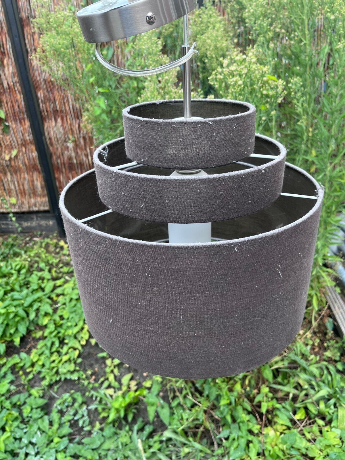 Grijze hanglamp met ringen, Ophalen, Gebruikt, Textiel, E27 (groot)