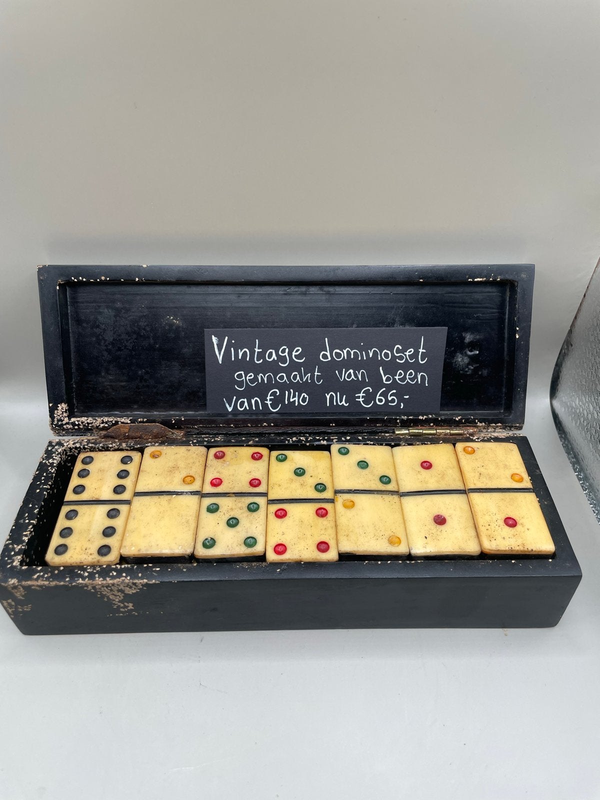 Vintage Dominoset van Been in Houten Doosje, Gebruikt, Een of twee spelers, Ophalen of Verzenden, X