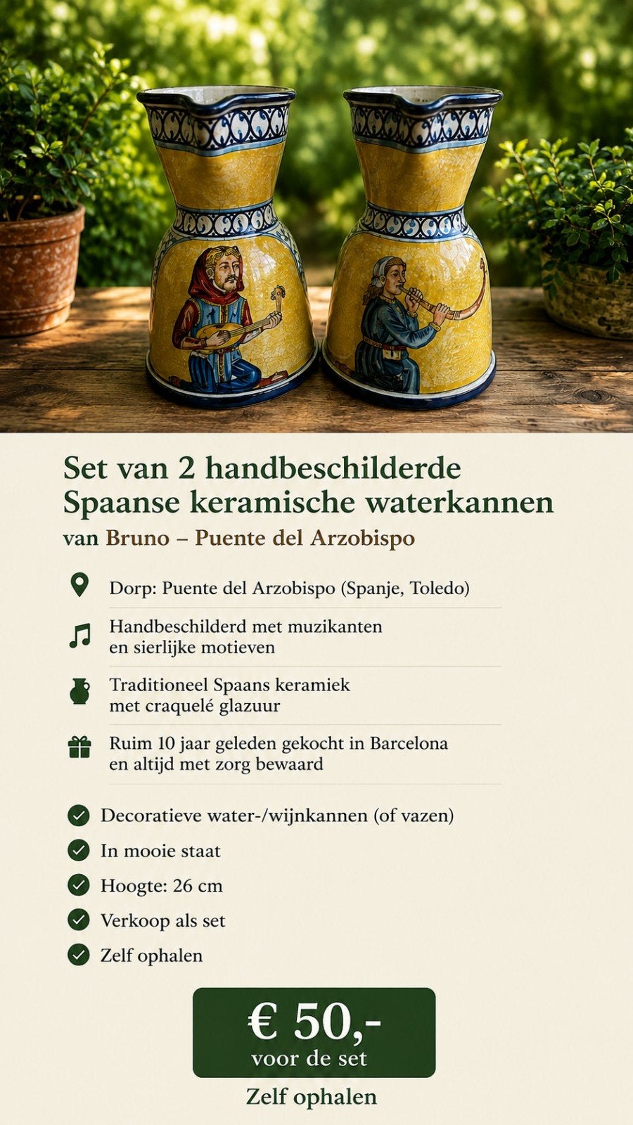 Set van 2 Spaanse handbeschilderde keramische water-/wijnkan, Ophalen