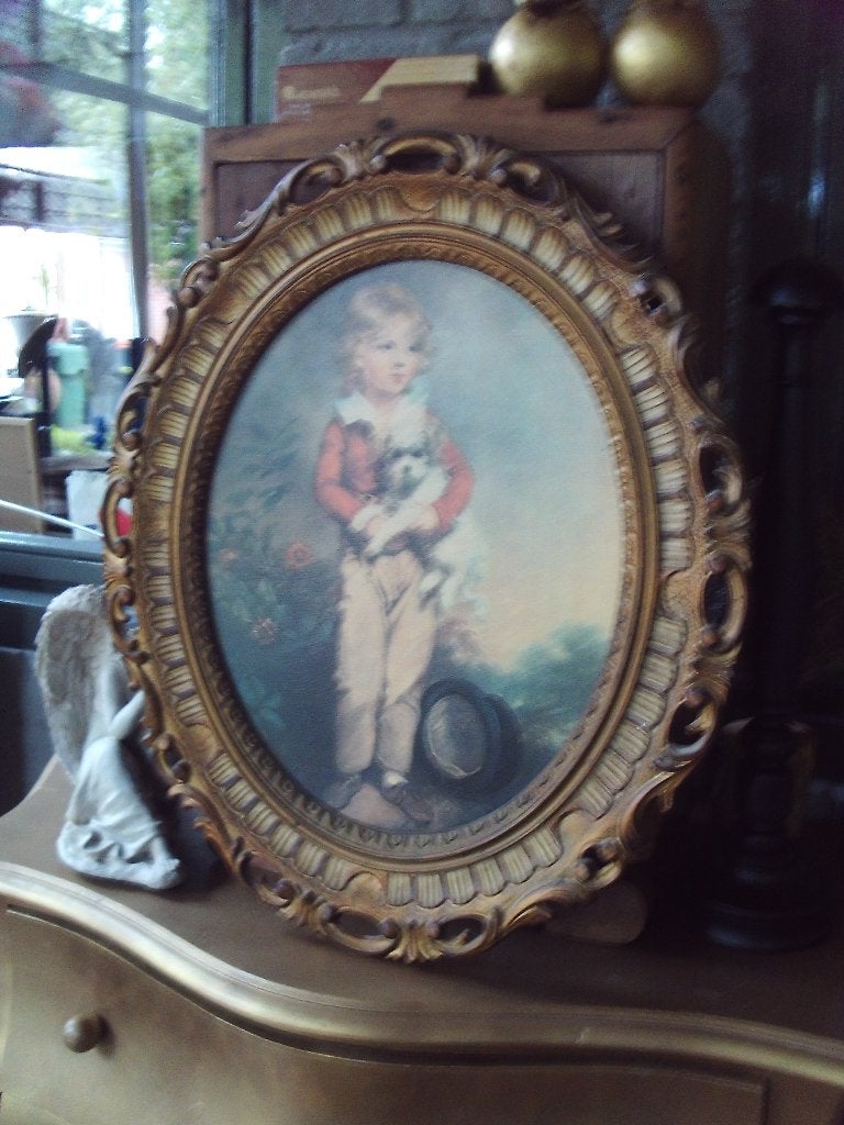 Oud Brocante Schilderij Jongen met Hondje Ovaal, Ophalen