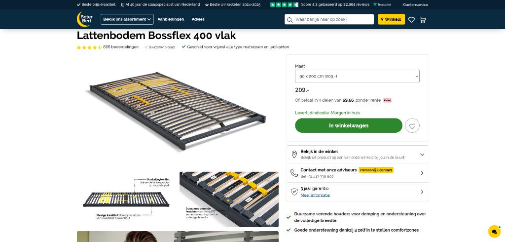 Lattenbodem Bossflex 400 vlak, Ophalen, Gebruikt, 90 cm, Eenpersoons