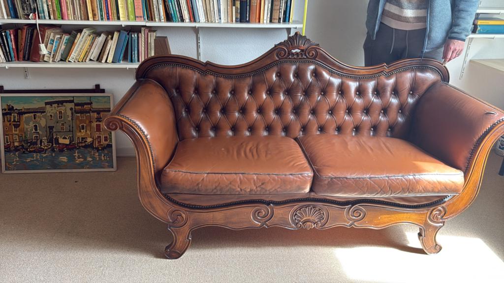 Antieke bankstel met houten frame en lederen bekleding, Ophalen, Gebruikt, 150 tot 200 cm, Tweepersoons