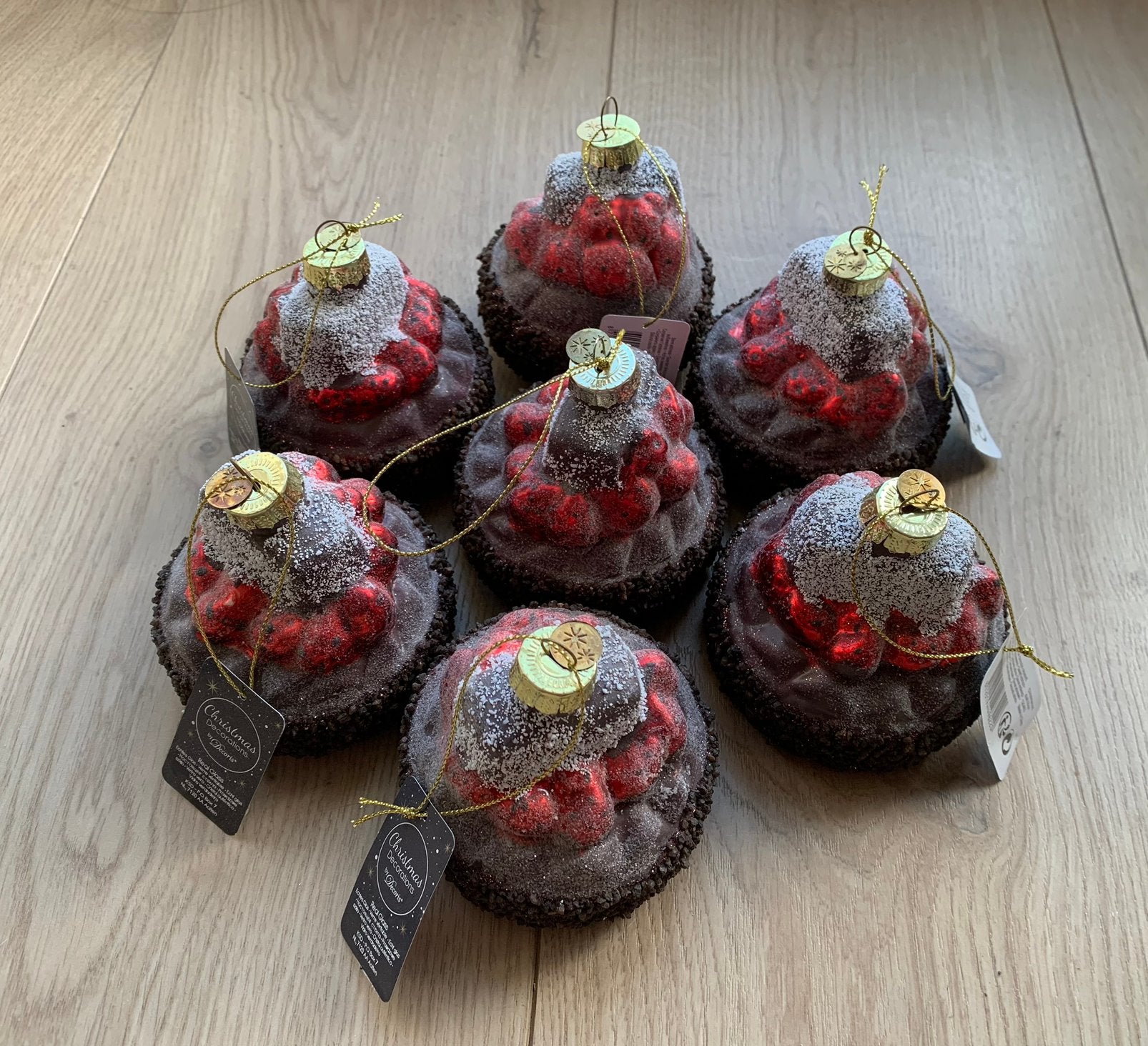 NIEUWE Mondgeblazen Glazen Kerstballen: 7st kersen gebakjes, Diversen, Ophalen of Verzenden, Nieuw